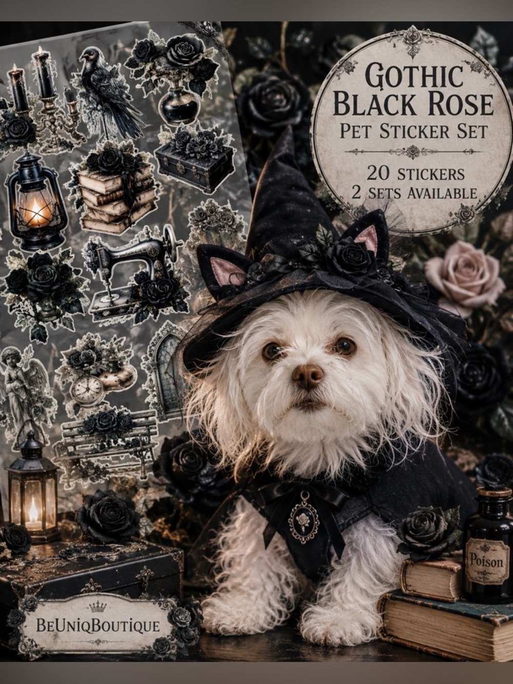 Gothic Black Rose PET Stickers Set of 20 Waterproof Journal Scrapbook Decor 🗝️